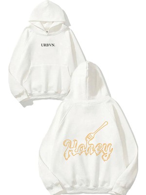Urbvn Honey Yazı Tasarım Baskılı Oversize Beyaz Kapüşonlu Sweatshirt