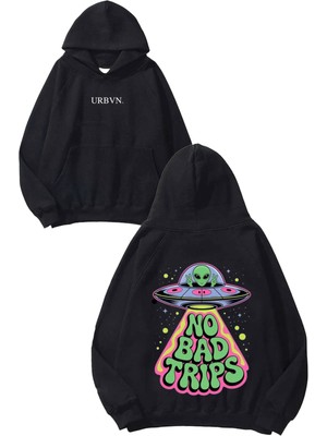 Urbvn No Bad Trips Tasarım Baskılı Oversize Siyah Kapüşonlu Sweatshirt
