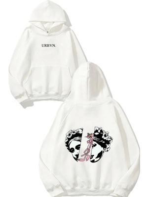 Urbvn Pembe Panter Heykel Tasarım Baskılı Oversize Beyaz Kapüşonlu Sweatshirt
