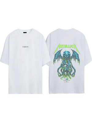 Urbvn Metallica Blue Tasarım Baskılı Beyaz Oversize T-Shirt