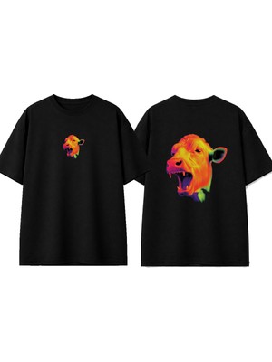 Urbvn Color Cow Tasarım Baskılı Siyah Oversize T-Shirt