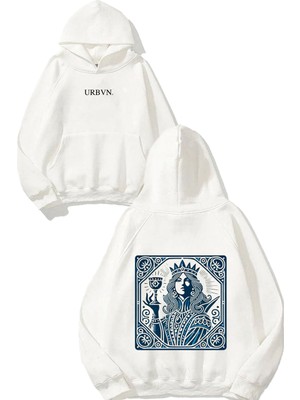 Urbvn Quenn Girl Tasarım Baskılı Oversize Beyaz Kapüşonlu Sweatshirt