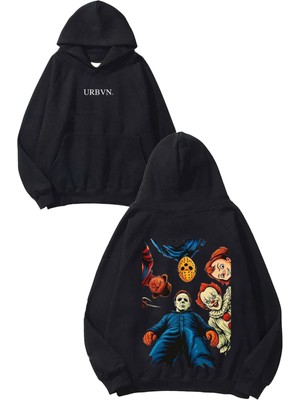 Urbvn Horror Group Tasarım Baskılı Oversize Siyah Kapüşonlu Sweatshirt