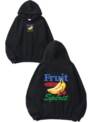 Urbvn Fruit Spirit Tasarım Baskılı Oversize Siyah Kapüşonlu Sweatshirt