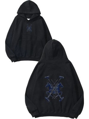 Urbvn Horse 5 Tasarım Baskılı Oversize Siyah Kapüşonlu Sweatshirt