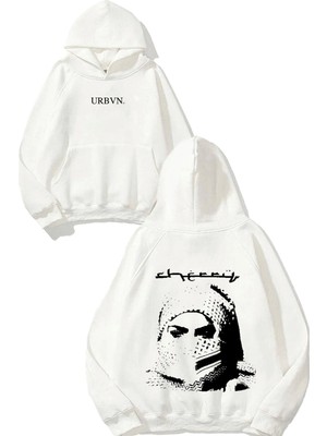 Urbvn Arabic Font Tasarım Baskılı Oversize Beyaz Kapüşonlu Sweatshirt