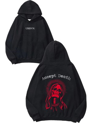 Urbvn Accept Death Tasarım Baskılı Oversize Siyah Kapüşonlu Sweatshirt