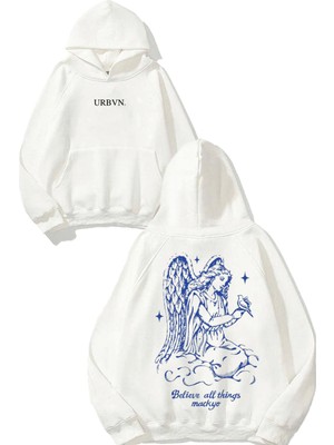 Urbvn Angel Blue Tasarım Baskılı Oversize Beyaz Kapüşonlu Sweatshirt