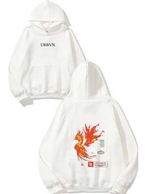 Urbvn Phoenix Bird Tasarım Baskılı Oversize Beyaz Kapüşonlu Sweatshirt