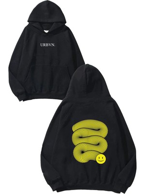 Urbvn Snake Smile Tasarım Baskılı Oversize Siyah Kapüşonlu Sweatshirt
