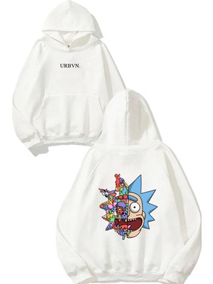 Urbvn Toys Rick Tasarım Baskılı Oversize Beyaz Kapüşonlu Sweatshirt