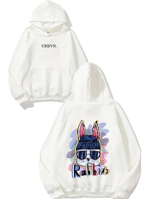 Urbvn Cool Rabbit Tasarım Baskılı Oversize Beyaz Kapüşonlu Sweatshirt