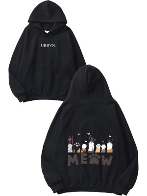 Urbvn Meow Tasarım Baskılı Oversize Siyah Kapüşonlu Sweatshirt
