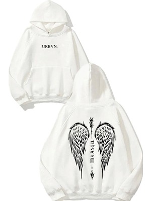 Urbvn His Angel Tasarım Baskılı Oversize Beyaz Kapüşonlu Sweatshirt