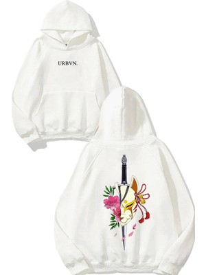 Urbvn Chinese Cat Flower Tasarım Baskılı Oversize Beyaz Kapüşonlu Sweatshirt