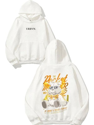 Urbvn Teddy Bear Tasarım Baskılı Oversize Beyaz Kapüşonlu Sweatshirt