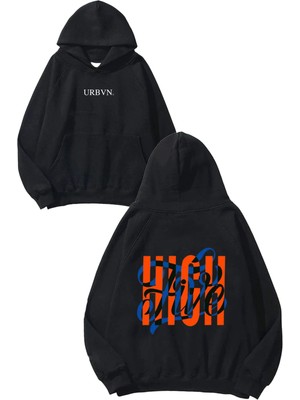 Urbvn High Five Tasarım Baskılı Oversize Siyah Kapüşonlu Sweatshirt