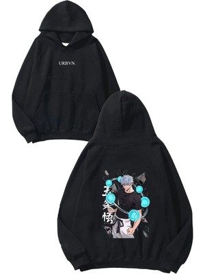 Urbvn Anime Erkek Tasarım Baskılı Oversize Siyah Kapüşonlu Sweatshirt