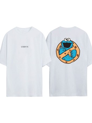 Urbvn Cockiee Monster Tasarım Baskılı Beyaz Oversize T-Shirt
