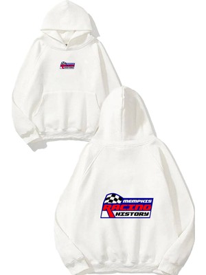 Urbvn Racing History Tasarım Baskılı Oversize Beyaz Kapüşonlu Sweatshirt