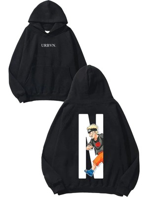 Urbvn Anime N Tasarım Baskılı Oversize Siyah Kapüşonlu Sweatshirt