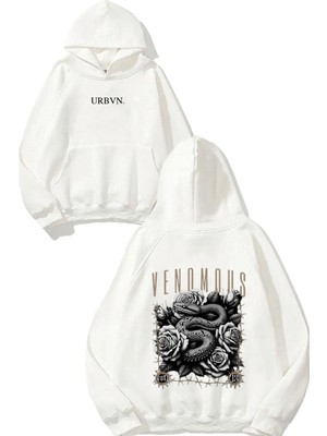 Urbvn Venomous Tasarım Baskılı Oversize Beyaz Kapüşonlu Sweatshirt