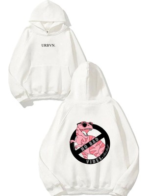 Urbvn No Bad Tasarım Baskılı Oversize Beyaz Kapüşonlu Sweatshirt