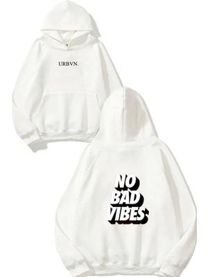 Urbvn No Bad Vibes Tasarım Baskılı Oversize Beyaz Kapüşonlu Sweatshirt
