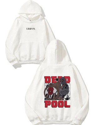Urbvn Dead Pool Karikatür Tasarım Baskılı Oversize Beyaz Kapüşonlu Sweatshirt
