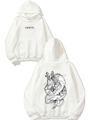 Urbvn Dragon Tangled Tasarım Baskılı Oversize Beyaz Kapüşonlu Sweatshirt