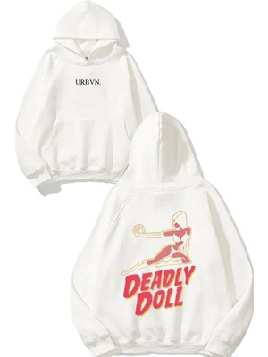 Urbvn Deadly Doll Tasarım Baskılı Oversize Beyaz Kapüşonlu Sweatshirt