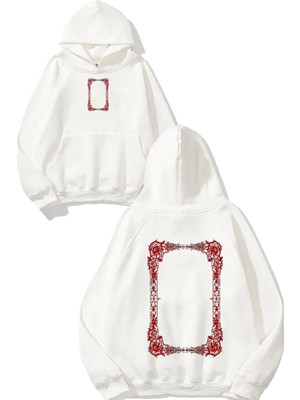 Urbvn Kırmızı Çerçeve Tasarım Baskılı Oversize Beyaz Kapüşonlu Sweatshirt