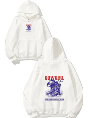 Urbvn Cow Girl Tasarım Baskılı Oversize Beyaz Kapüşonlu Sweatshirt