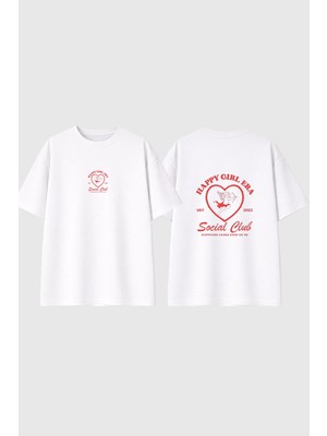 Urbvn Happy Girl Era Tasarım Baskılı Beyaz Oversize T Shirt
