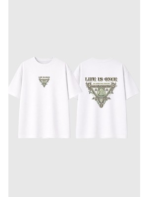 Urbvn Life Is Once Tasarım Baskılı Beyaz Oversize T Shirt