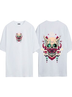 Urbvn Korean Skull 1 Tasarım Baskılı Beyaz Oversize T Shirt