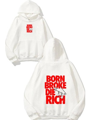 Urbvn Born Broke Tasarım Baskılı Oversize Beyaz Kapüşonlu Sweatshirt