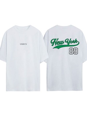 Urbvn New York 89 Tasarım Baskılı Beyaz Oversize T-Shirt