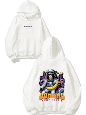 Urbvn Banana For Life Tasarım Baskılı Oversize Beyaz Kapüşonlu Sweatshirt