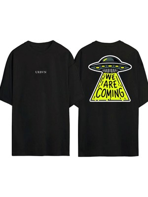 Urbvn Aliens Tasarım Baskılı Siyah Oversize T Shirt