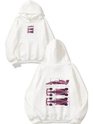 Urbvn Pink Car Tasarım Baskılı Oversize Beyaz Kapüşonlu Sweatshirt