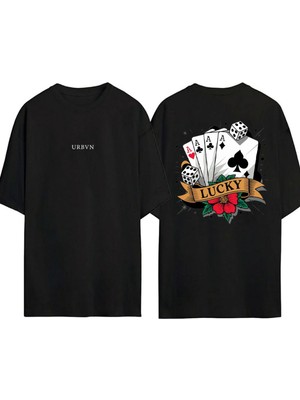 Urbvn Lucky 4A Tasarım Baskılı Siyah Oversize T Shirt