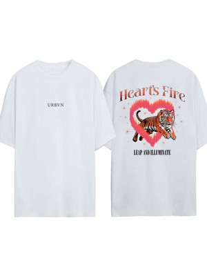 Urbvn Hearts Fire Tasarım Baskılı Beyaz Oversize T-Shirt