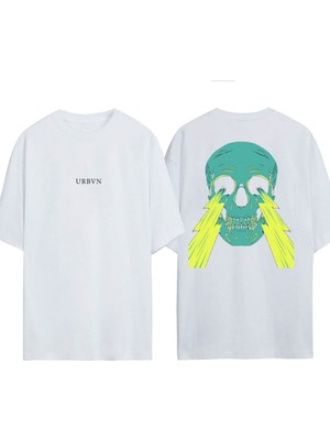 Urbvn Yellow Skulls Tasarım Baskılı Beyaz Oversize T-Shirt