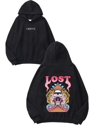 Urbvn Lost Face Tasarım Baskılı Oversize Siyah Kapüşonlu Sweatshirt