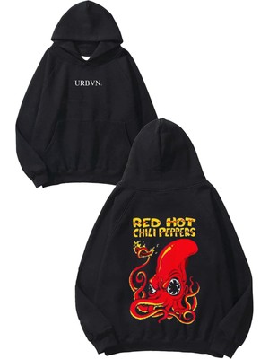 Urbvn Red Hot Tasarım Baskılı Oversize Siyah Kapüşonlu Sweatshirt