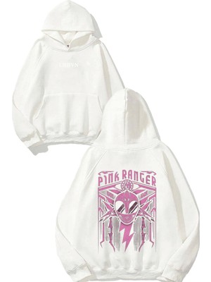 Urbvn Pink Ranger Tasarım Baskılı Oversize Beyaz Kapüşonlu Sweatshirt