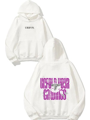 Urbvn Unfold Tasarım Baskılı Oversize Beyaz Kapüşonlu Sweatshirt