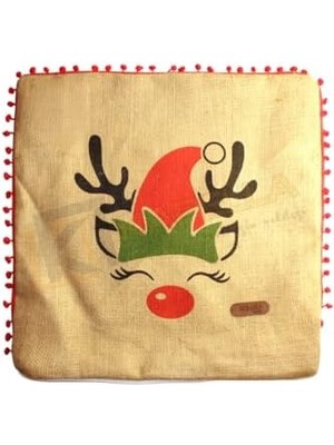 Skygo Püsküllü Jüt Kırlent Kılıfı 50 * 50 Renkli Geyik Desen