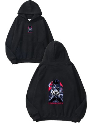 Urbvn Unforgiven Tasarım Baskılı Oversize Siyah Kapüşonlu Sweatshirt